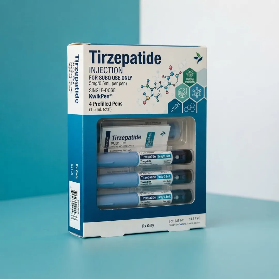 Window carton showing four prefilled pens held side by side in a formed tray behind clear film