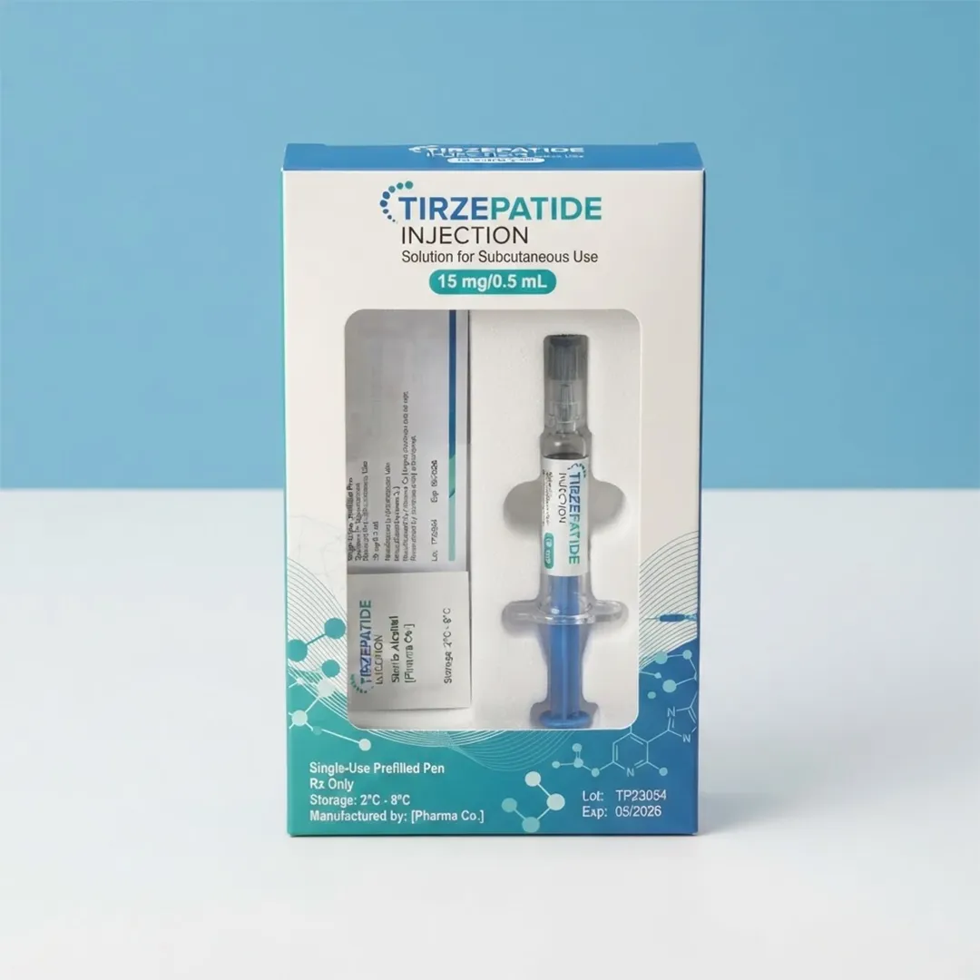 Blue and white carton with a window revealing a prefilled syringe held in a moulded channel