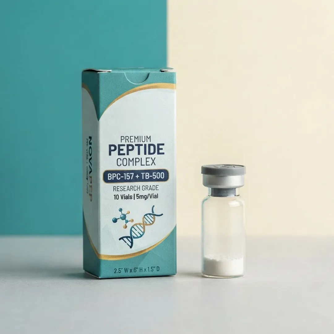 Teal and white tuck end peptide carton standing upright beside a clear vial of lyophilised powder
