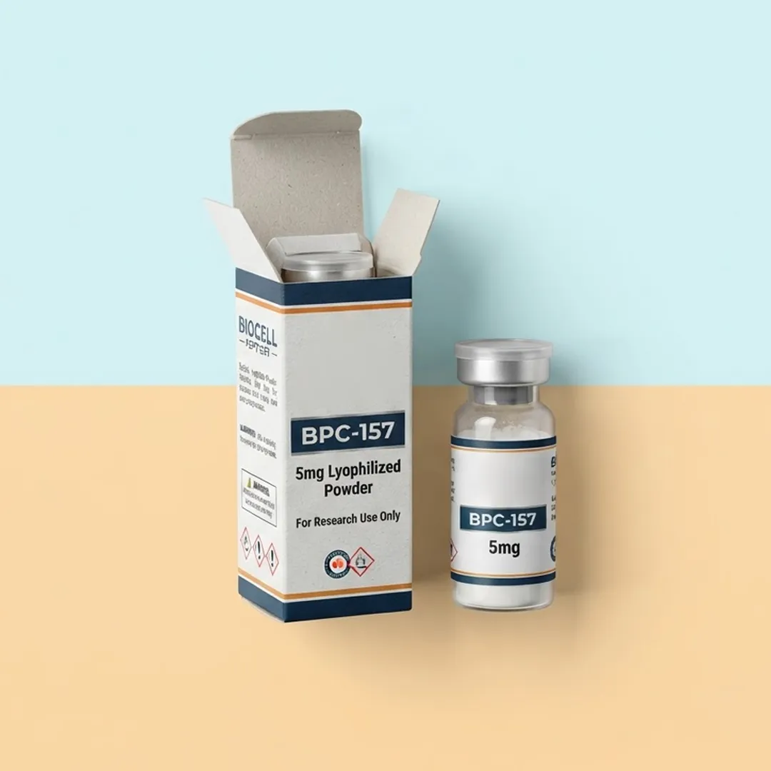 Open tuck end carton with a die-cut insert holding a single BPC-157 vial, shown beside the vial