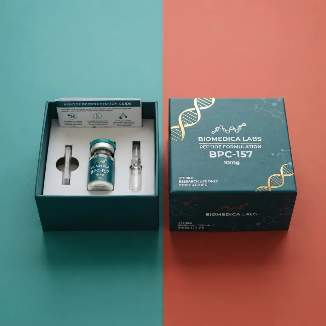 Open two-piece box with a foam insert holding a vial and syringe, shown beside its printed lid