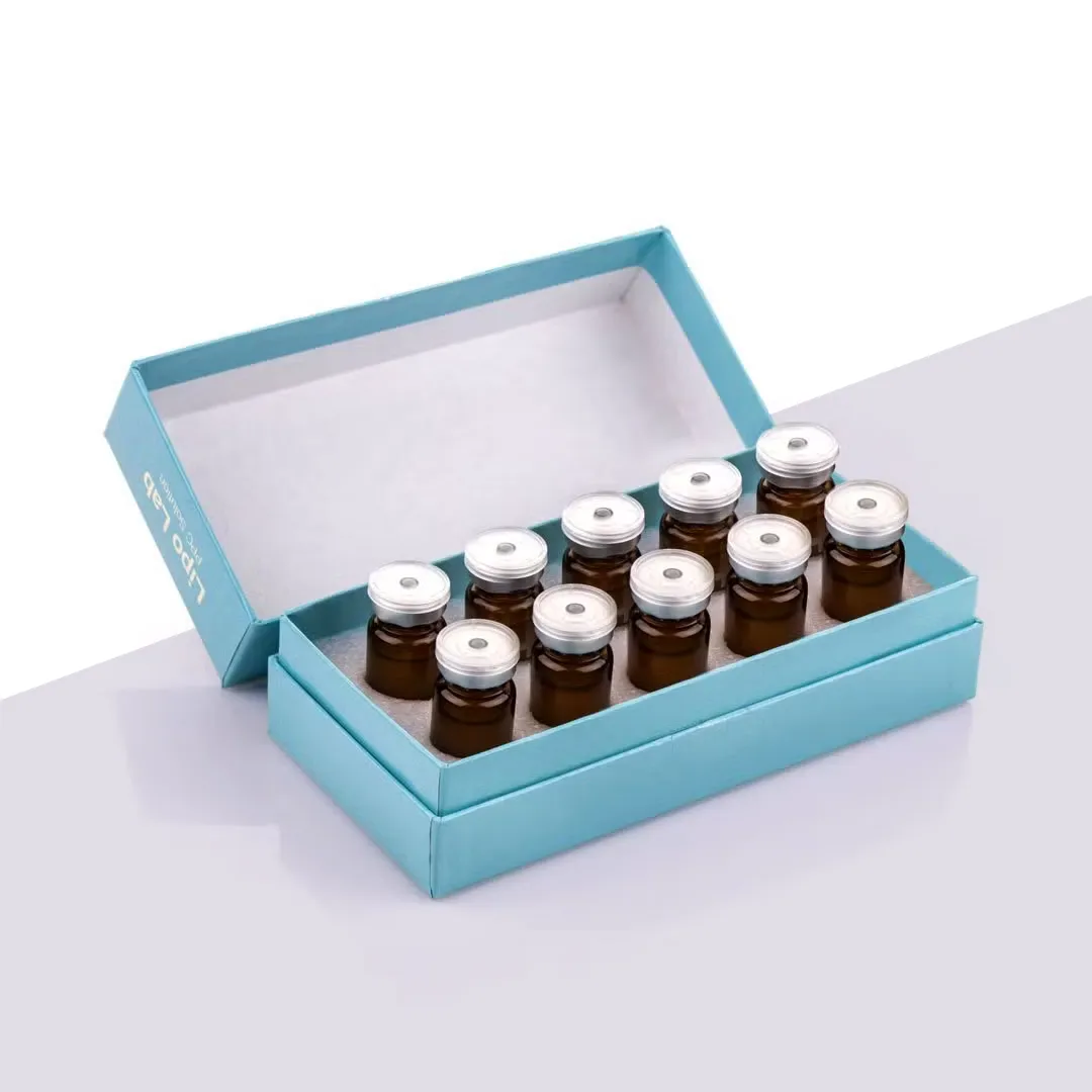 Light blue two-piece box with the lid leaning against it, holding ten amber vials in the base