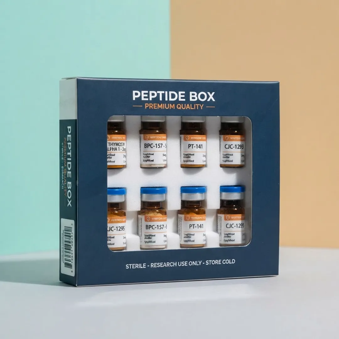 Navy window carton showing eight labelled peptide vials through a large clear film panel