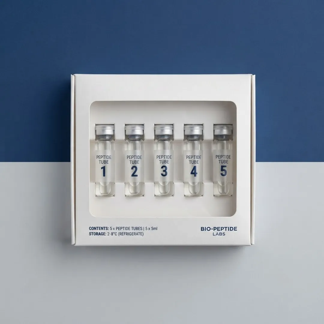 White window box with a rectangular film panel revealing five numbered vials in a row